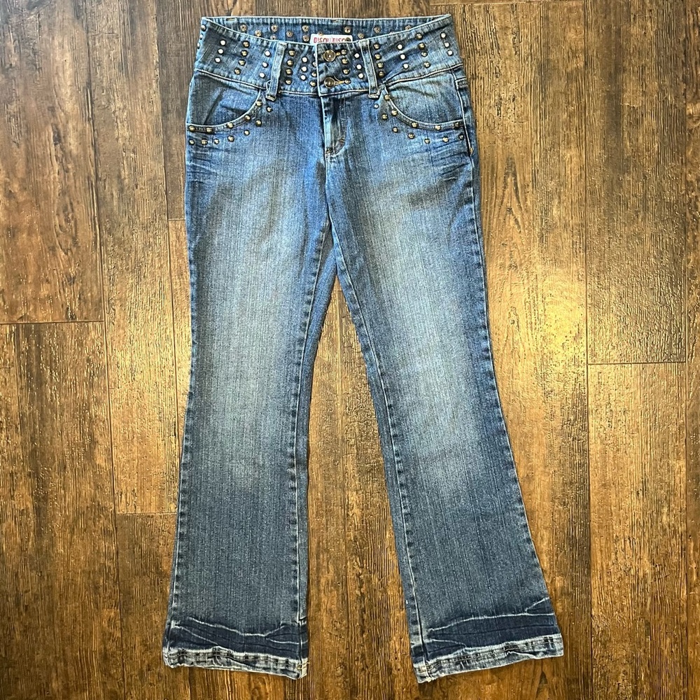 Bisou Bisou Rhinestone Waist Flare Medium Wash Jeans Size 6